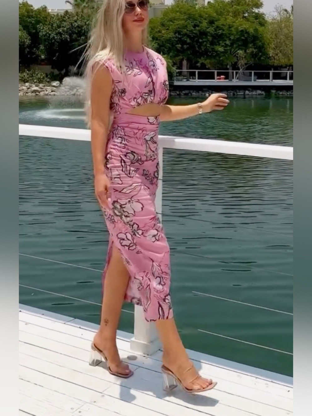 ZARA Pink Floral Cutout Midi Dress - NWT - Picture 5 of 11